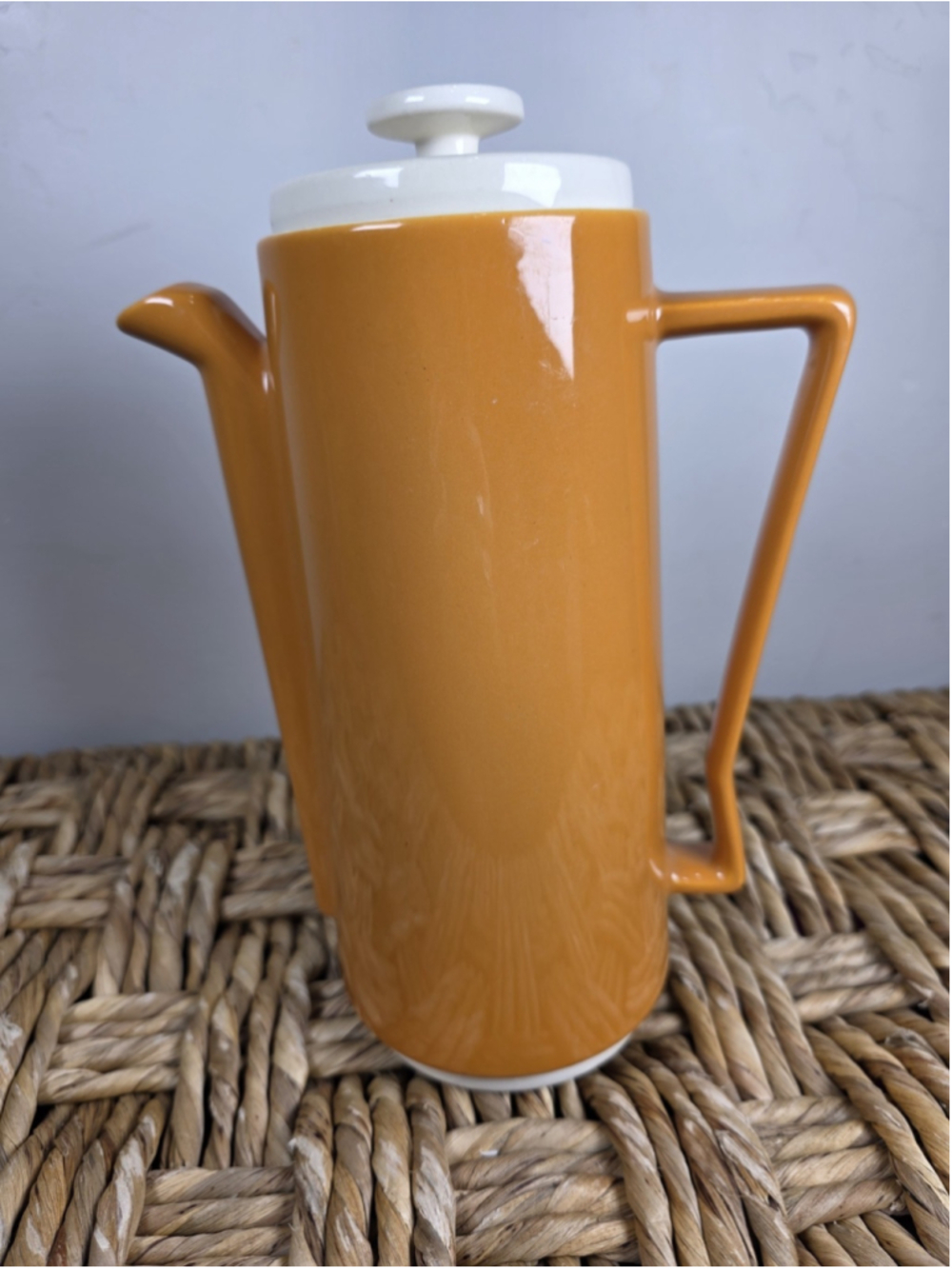 Vintage 1970s MCM Coffee Pot Burnt Orange White Lid Ceramic 10.5" Mod